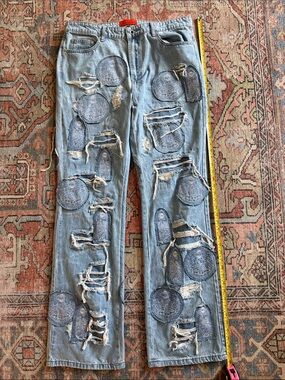 Who Decides War Light Blue Patchwork Distressed Men's Straight Jeans